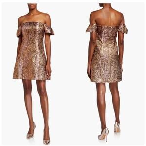 Aidan Mattox Metallic Copper Jacquard Dress Off The Shoulder Mini Size 10
